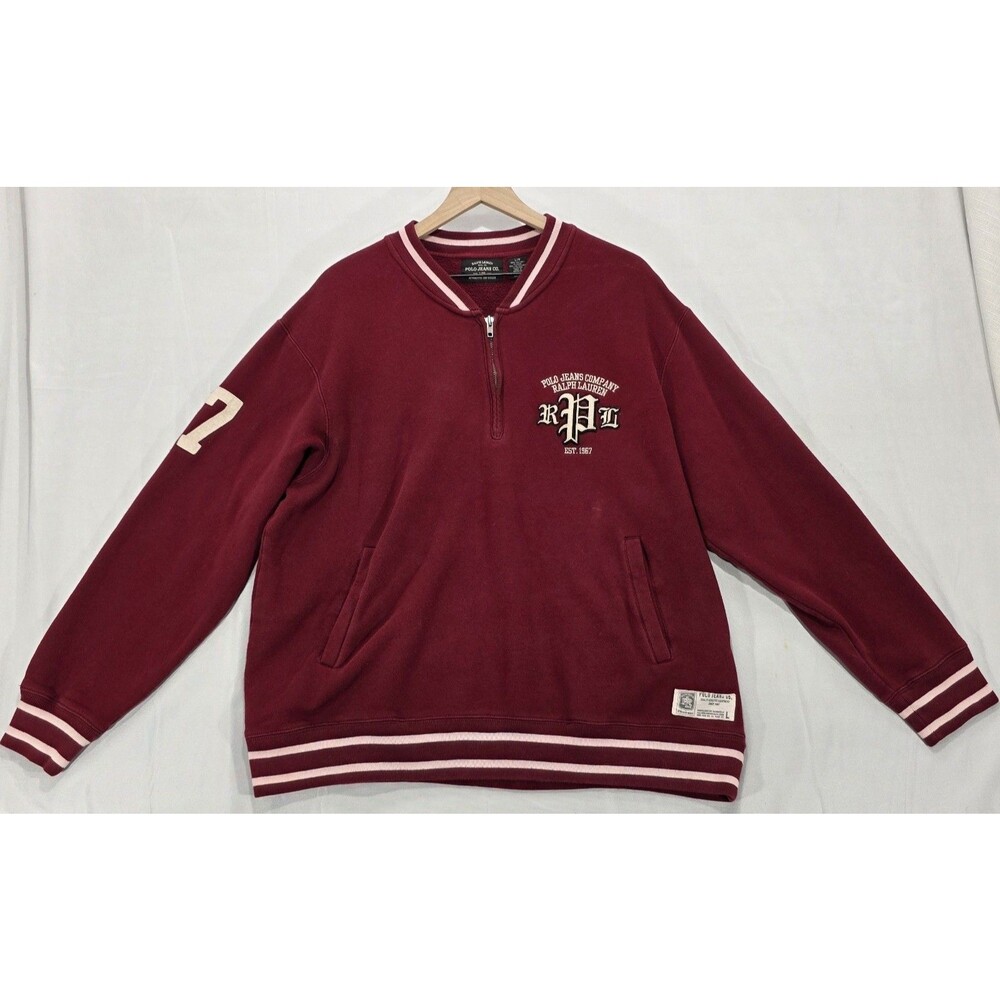 VTG Polo Jeans Co Ralph Lauren Quarter Zip Varsity Jacket L Red 67 Letterman 90s